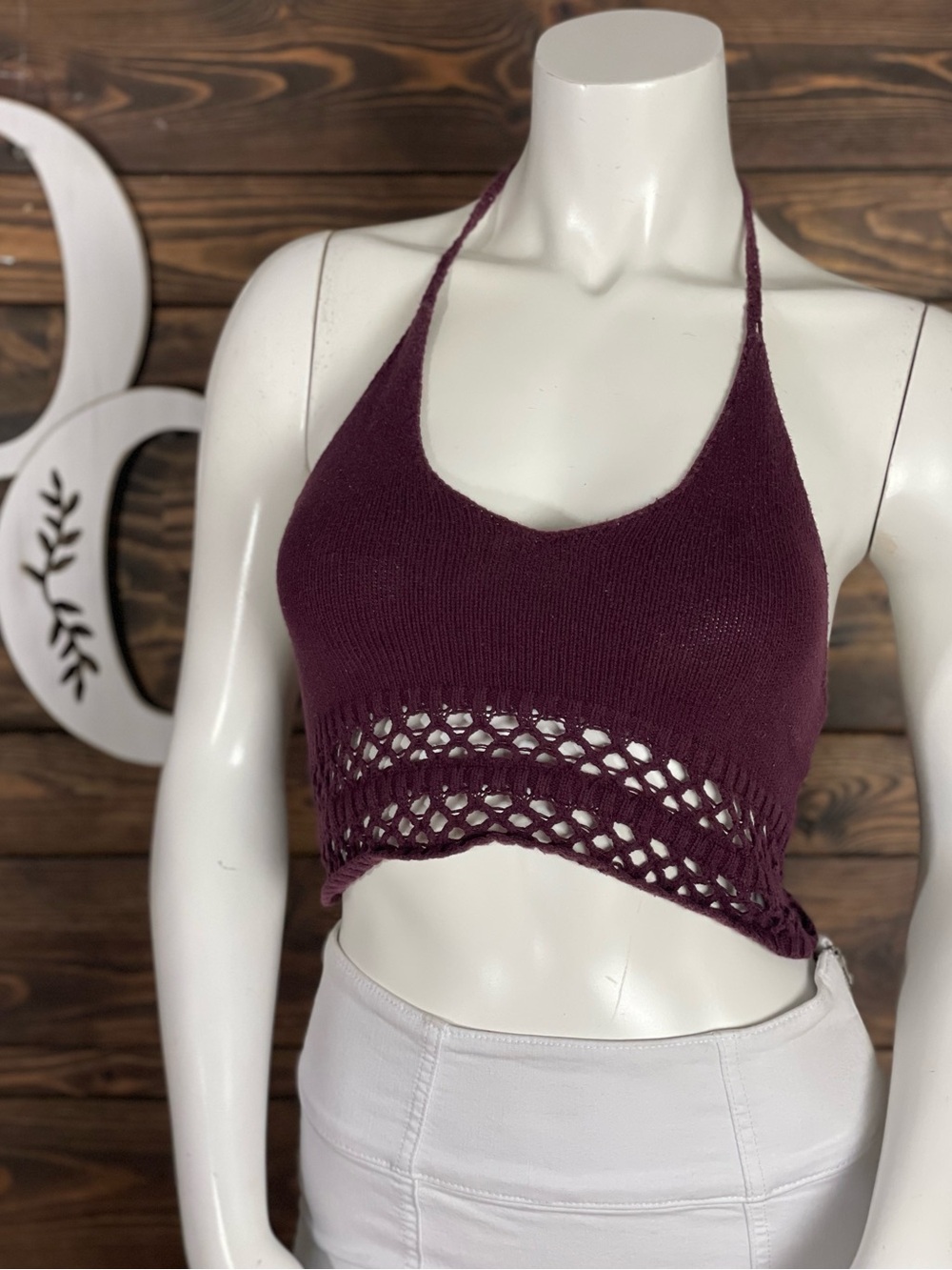 LA Hearts | Plum Halter Crochet-Trim Knit Crop Top Open Back Tie Neck